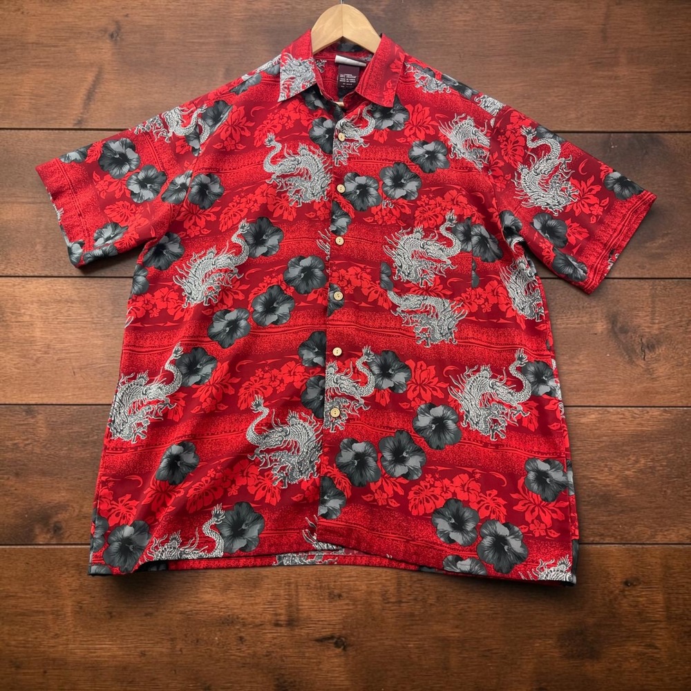 Vintage Y2K Extreme Gear Mens (L) Red Dragon Hibiscus Floral Short Sleeve